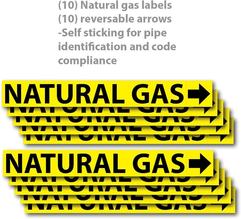 Wrapco (10 Pack) Natural Gas Pipe Labels Stickers With Arrows, 1” x 8” Self Sticking 6mil PVC Natural Gas Pipe Markers for Pipes, Inspections, Detector, Regulator and Heaters - Image 2